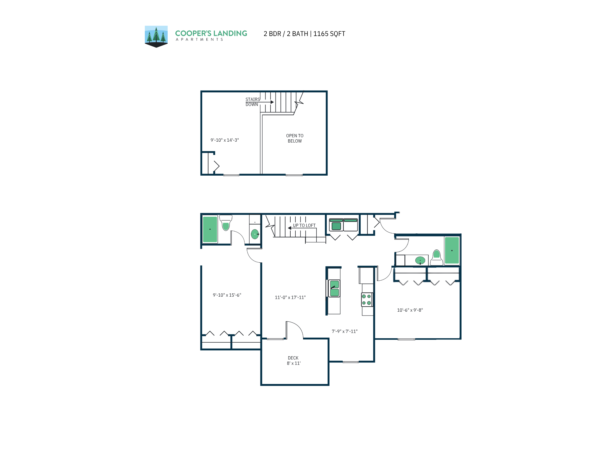 Floor plan for 2 beds, 2 baths, 1165 sqft
